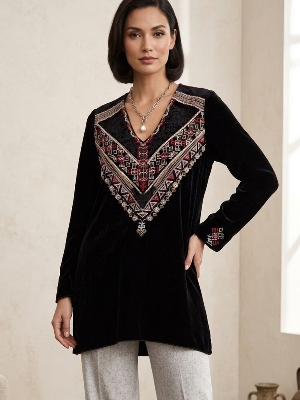 Velvet Embroidered V-Neck Tunic Top - Black with Pink & White Detail
